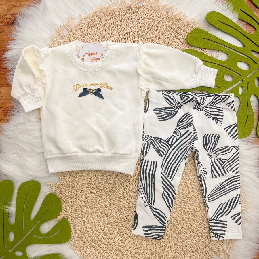 Conj. Casaco de Moletom Born to War Bows e Calça Legging - Off White e Preto